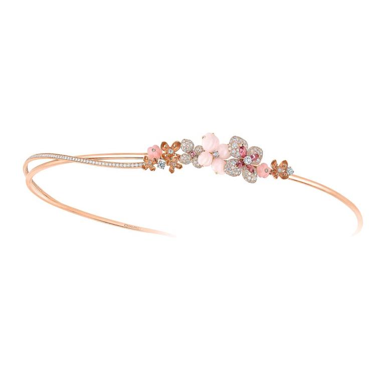 Chaumet tiara from the Hortensia fine jewellery collection in rose gold set with angel-skin and pink opal, marquise-cut tourmalines, a brilliant-cut pink sapphire, and brilliant-cut diamonds.